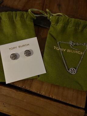 Tory Burch Ivon Pave Silver Logo bracelet & Miller Earrings with Green Pouches